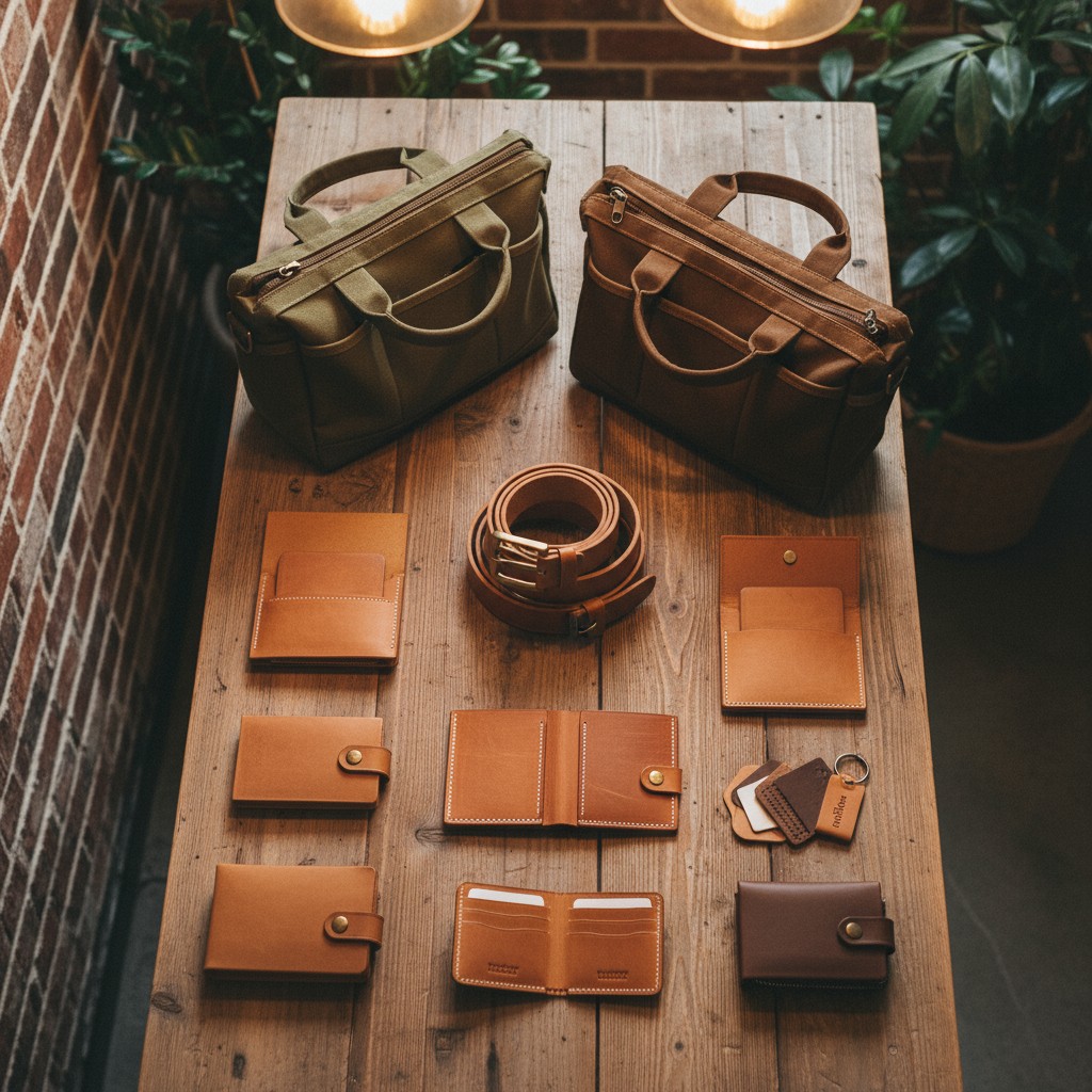 A collection of leather bags and wallets on a wooden table, with various types of wallets and bags arranged neatly, set ag...