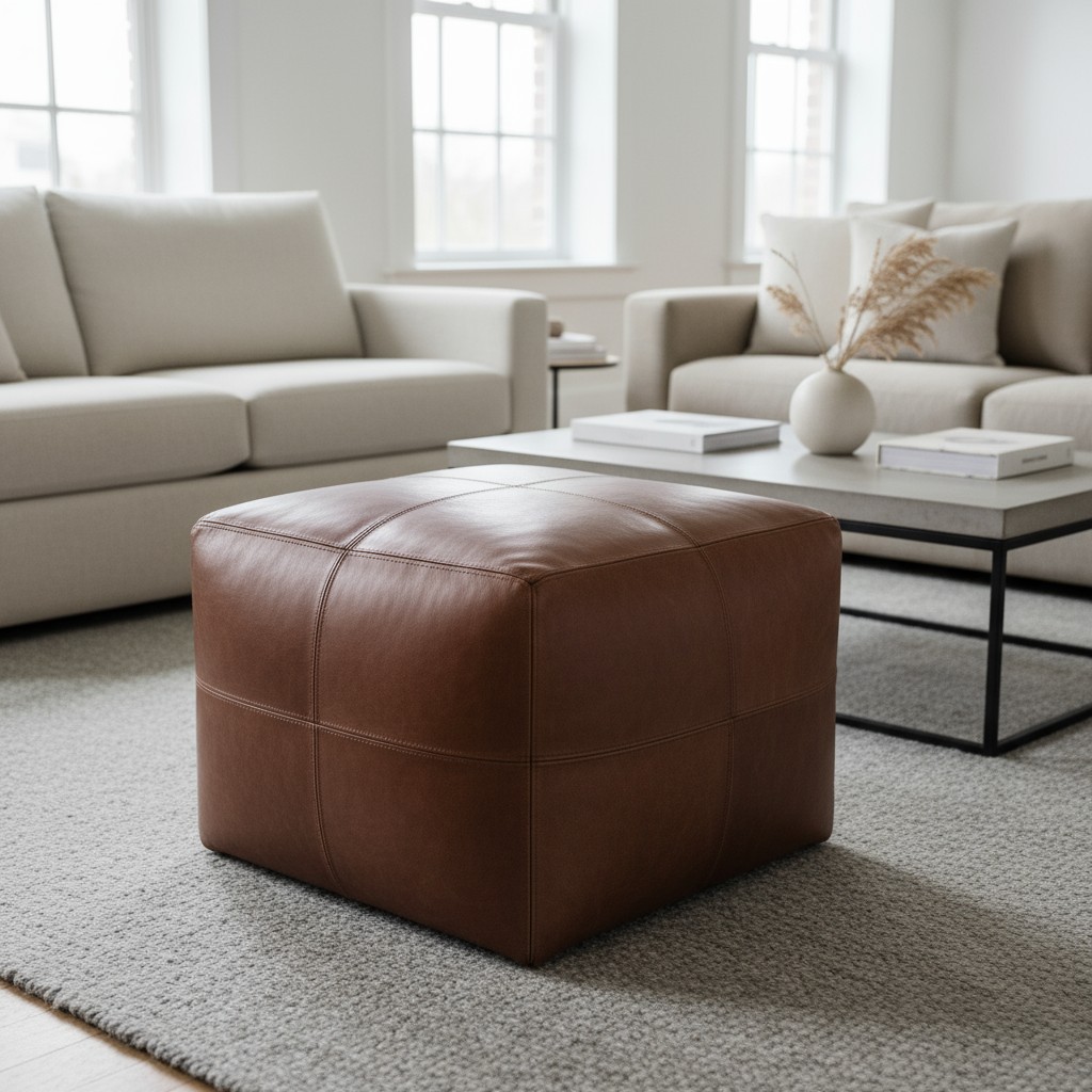 The leather ottoman in the center of the image is made of brown leather with a cube-shaped body, sitting on a gray rug. Be...
